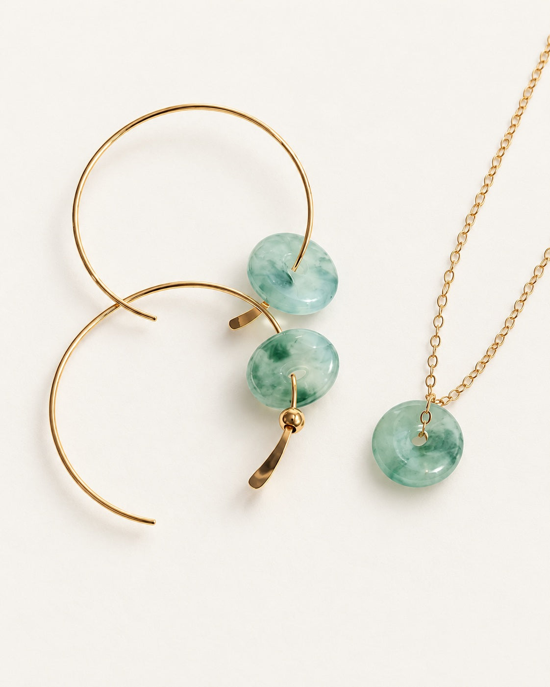 Jadeite Donut Earrings & Necklace Options — warm ivory studio photograph