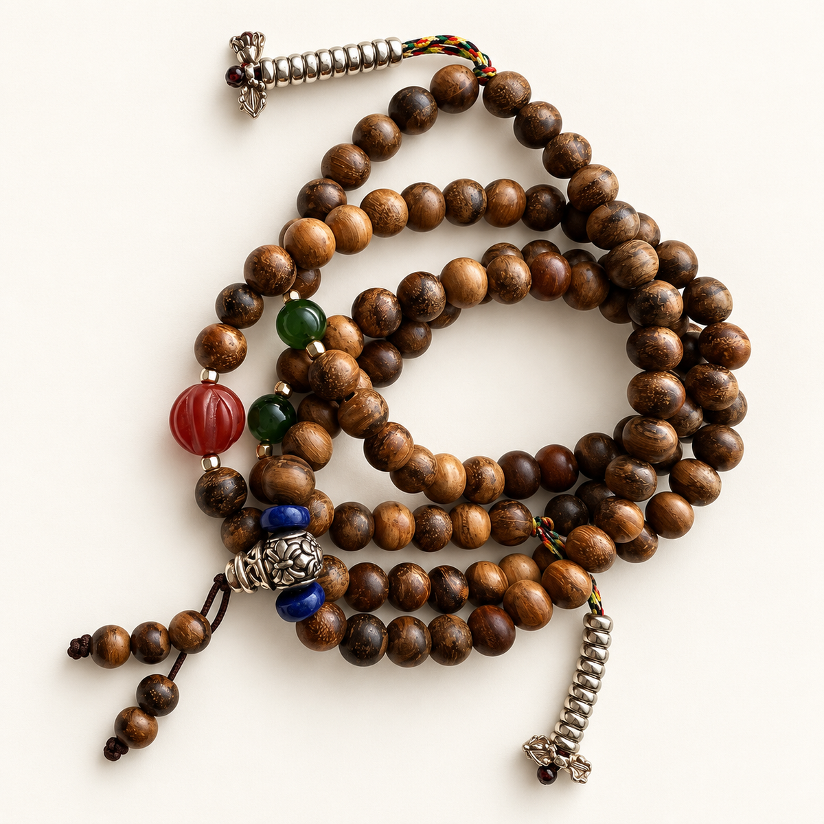 108 Huanghuali wood prayer beads with green nephrite jade and old agate accents.