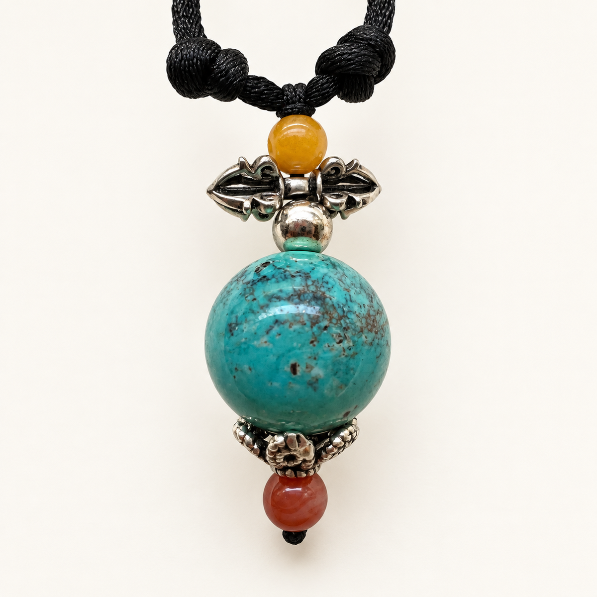 Natural turquoise vajra pendant with amber, Nanhong agate and sterling silver — hero view
