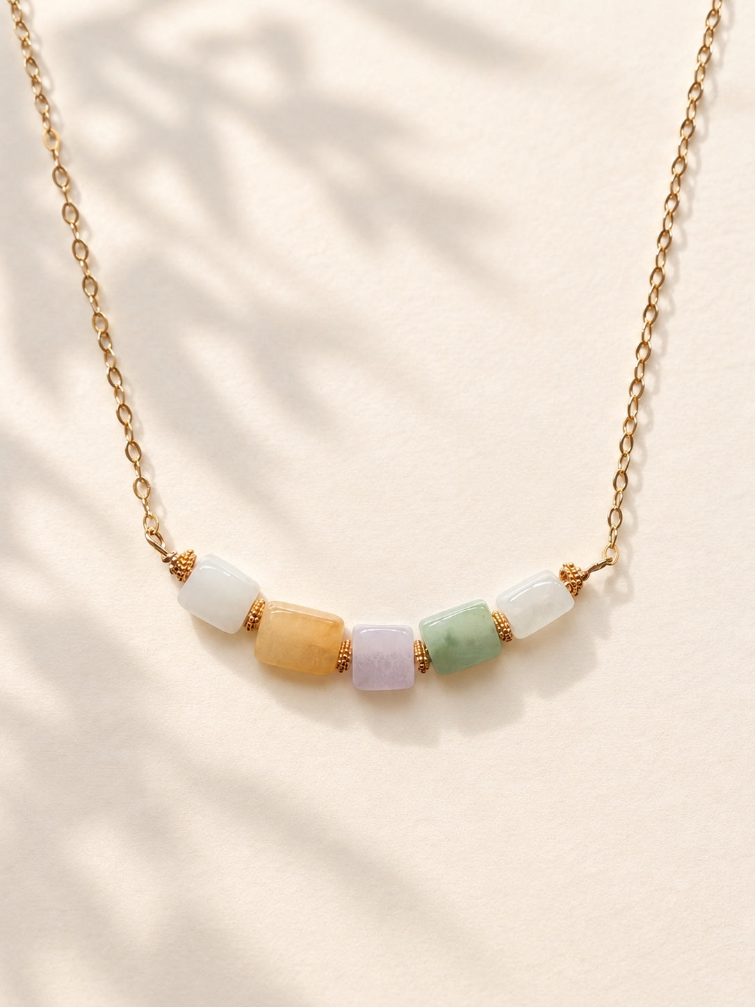 Natural multicolor jadeite bead necklace with U.S. 14k gold filled chain, 16 inches plus extender