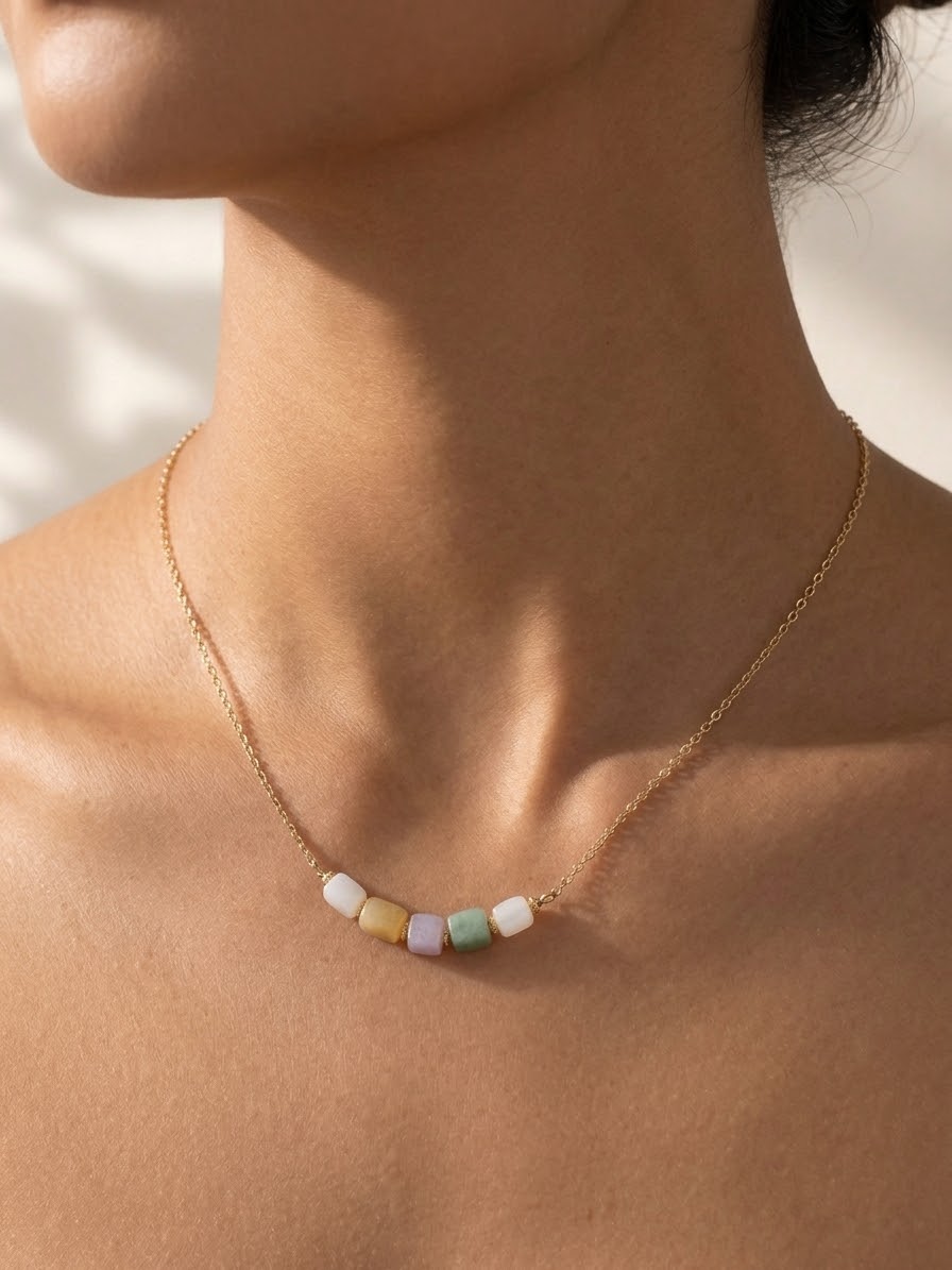 Natural multicolor jadeite bead necklace with U.S. 14k gold filled chain, 16 inches plus extender