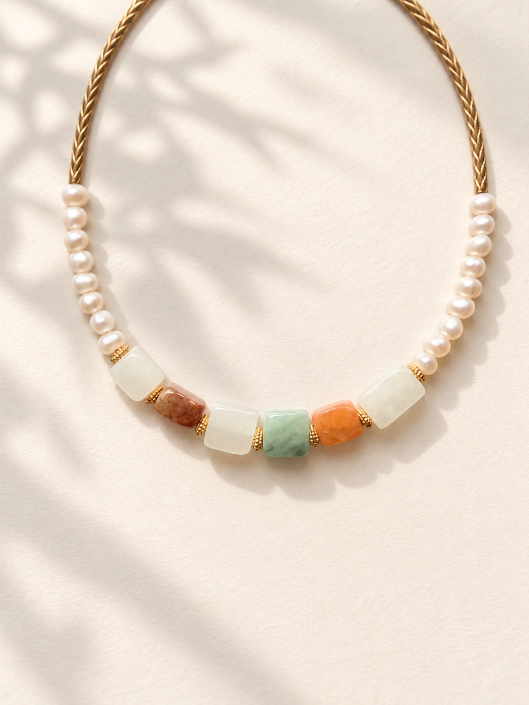Natural multicolor jadeite 3x5mm and freshwater pearl bracelet with 14k gold filled curved tubes