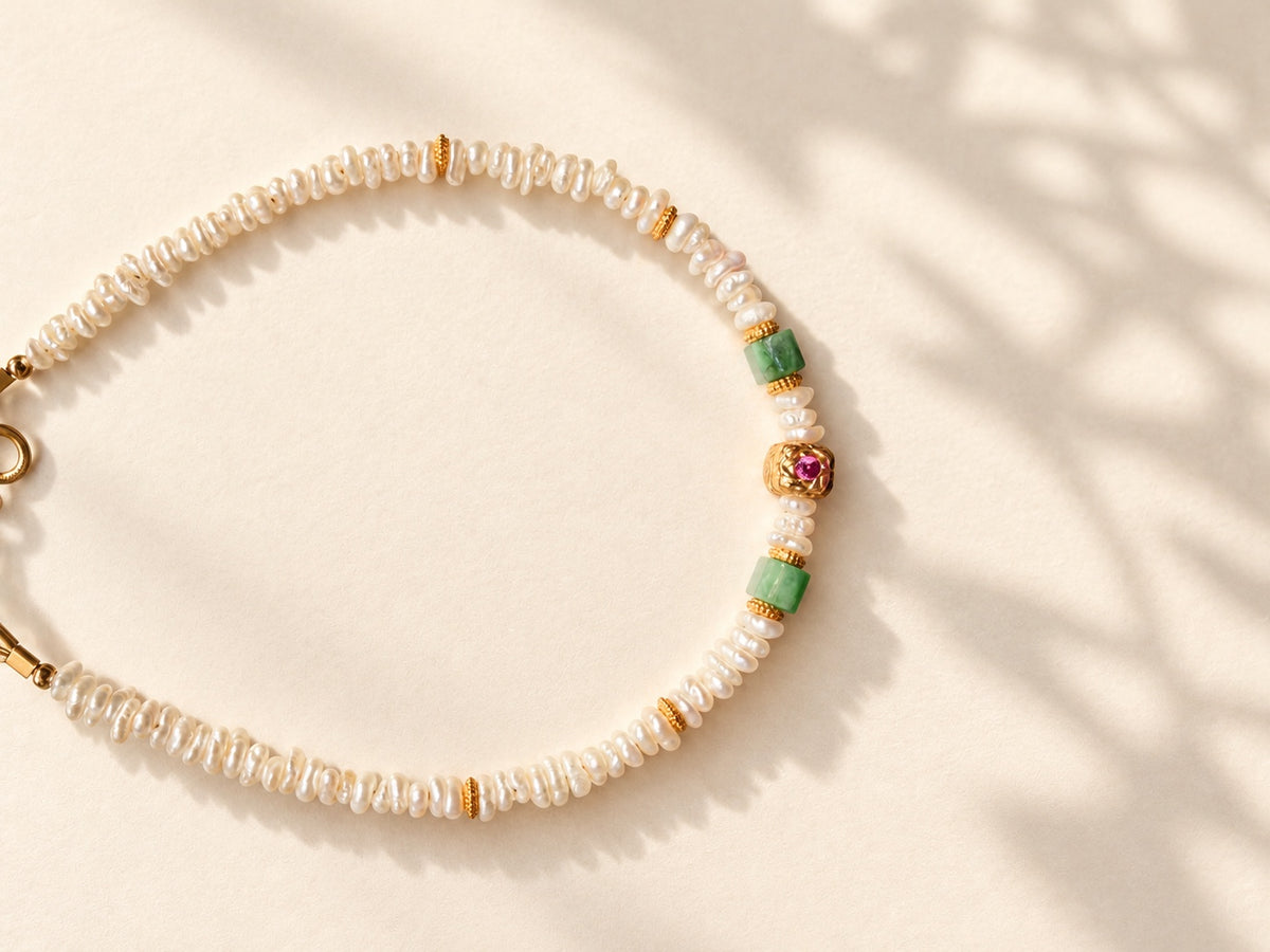 Ruby accent in gold-plated sterling silver with green jadeite beads and tiny pearls