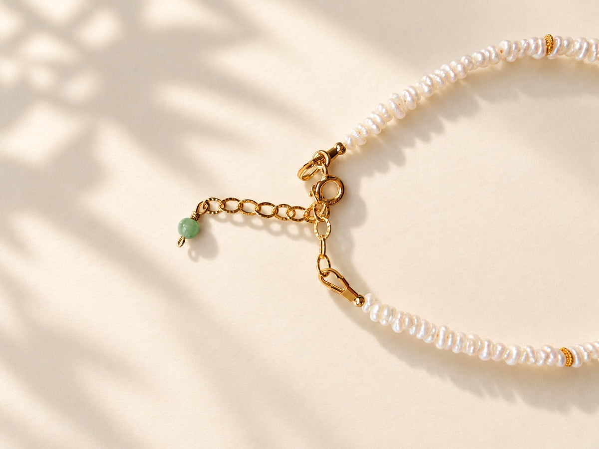 Gold-filled clasp and one-inch extender on freshwater pearl bracelet