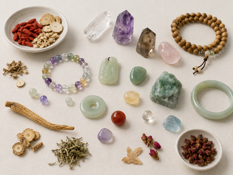 Jade, gemstones, wood beads and botanical materials from the supplied design brief.